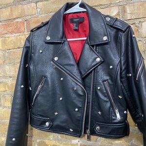 Star and Studs Black Faux Leather Jacket with Red Lining